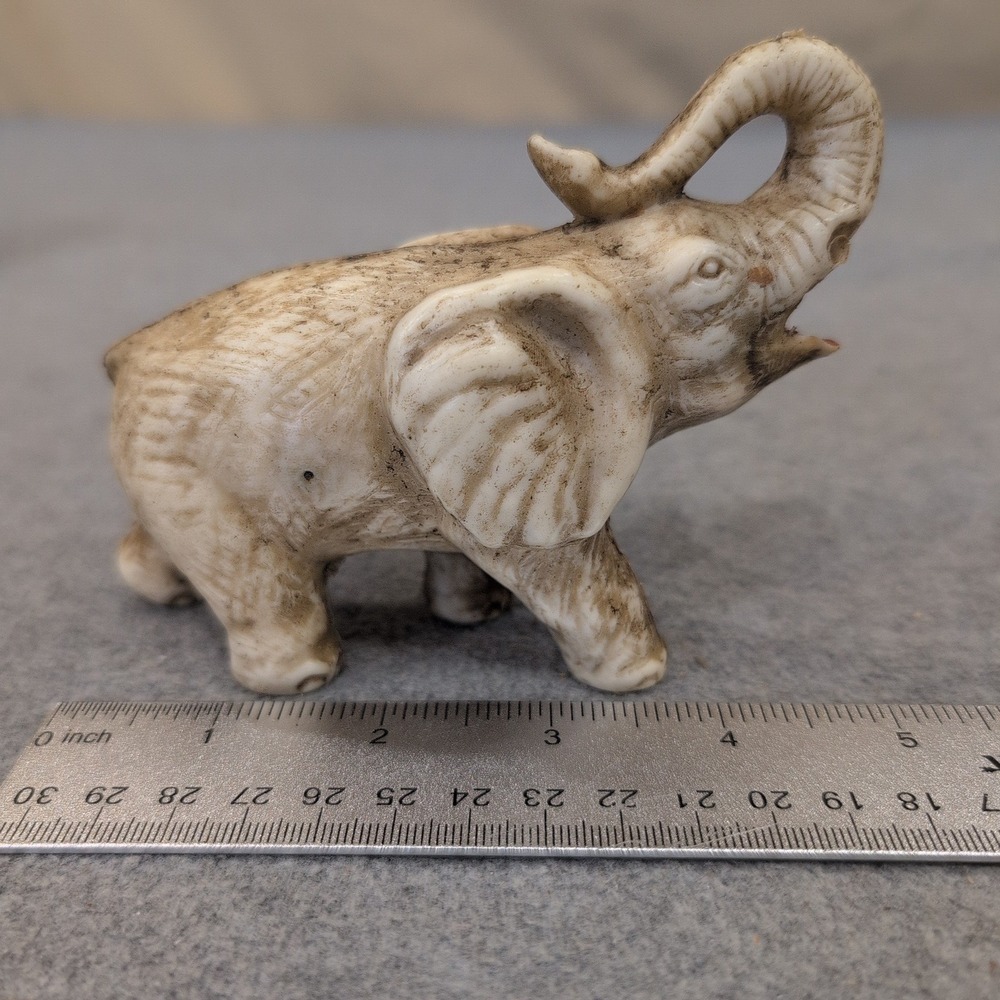 Vintage Style Elephant Figurine Trunk Up Good Luck Statue Rustic Cream Brown - Picture 3 of 4